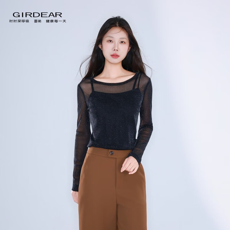 GIRDEAR Women's Bottoming Shirt Fashionable Retro All-match Round Tie Onion Mesh Fabric Top Slim T-shirt 1300958 Black M (3 yards)