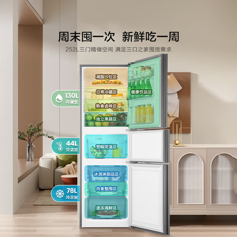 Hisense 252L three-door small refrigerator first-class energy efficiency air-cooled frost-free small apartment rental dormitory home refrigerator gray BCD-252WYK1DPUJ national subsidy