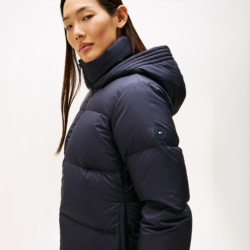 Tommy Hilfiger water repellent 25 autumn and winter new women's commuter quilted 90 velvet long hooded double zipper down jacket