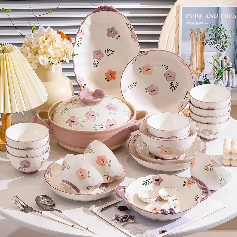 Persson bowl and dish set household good-looking bowls 2025 new high-looking bowls and plates Japanese fresh tableware set 4-person purple xuanhua gift box 18-piece set