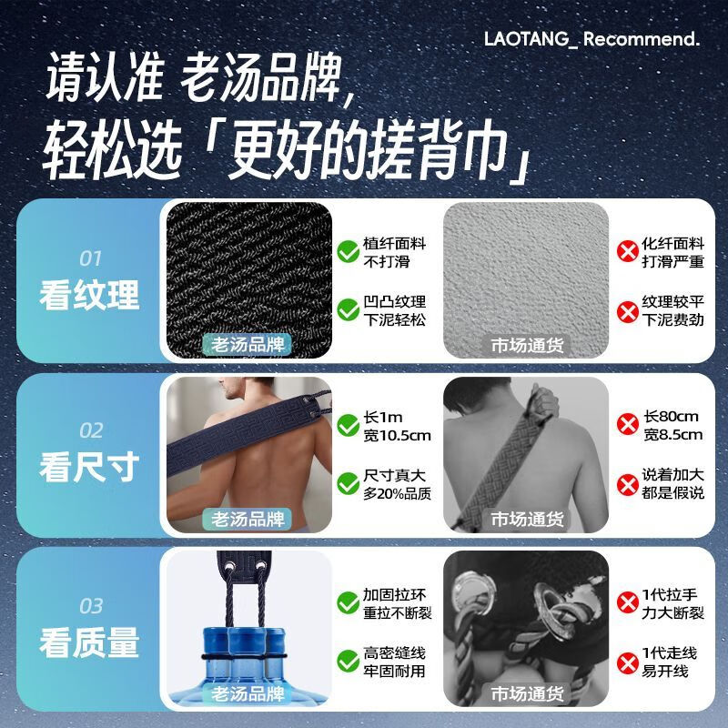 Laotang Men's Special Bath Towel Back Pull Back Bath Towel Strong Mud Rubbing Artifact Household Coarse Sand Long Strip Back Pulling Strip Increase Strength and Durable Double Sand Back Rubbing Towel 1 Pack