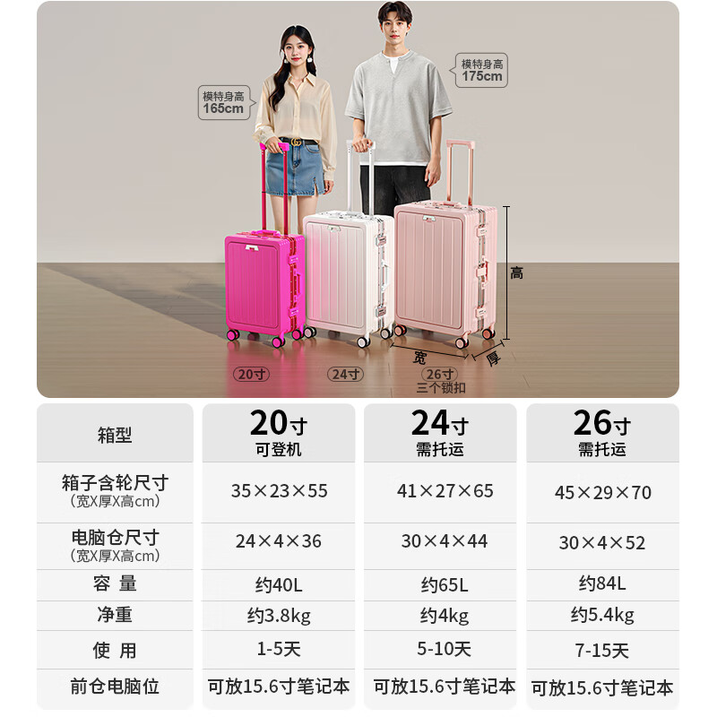 Miyo front-opening suitcase for women 2026 new multi-functional boarding-free open suitcase password trolley case Sakura pink-with bow Front opening design + multi-functional aluminum frame 20 inches can be boarded Pure PC material thickened box is strong and durable