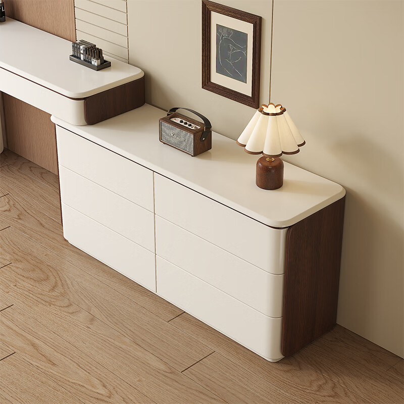 Meimujia 2025 solid wood dressing table and drawer cabinet integrated dressing table bedroom light luxury corner telescopic small apartment bed end table 1.2 meter dressing table + 1.2 meter six drawer cabinet (mirrorless chair) solid wood paint upgraded version