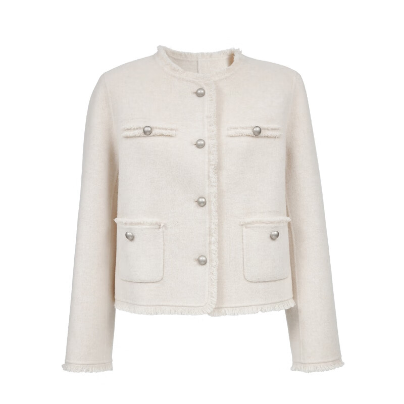 VEROMODA Woolen Jacket 2025 Autumn New Pure Wool Tassel Hemming Top Temperament New Year's Eve Honey Milky White S