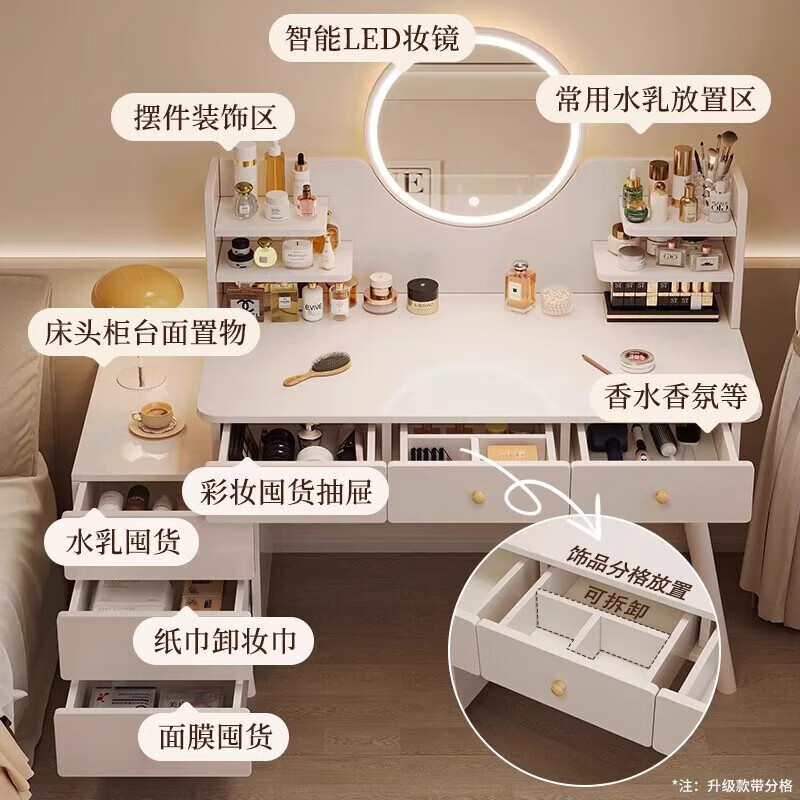 Zuodu Dressing Table Bedroom Home Dressing Table Simple 2025 New Drawer Cabinet Integrated Small Apartment Light Luxurious Dressing Table Classic Style Five Drawers Gray + LED Mirror Affordable Self-installation