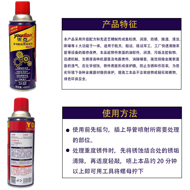 Multifunctional anti-rust loosening lubricant, bolt loosening agent, rust remover, abnormal noise elimination, anti-door noise removal, rust removal, 450ml bottle of anti-rust agent* comes with nozzle