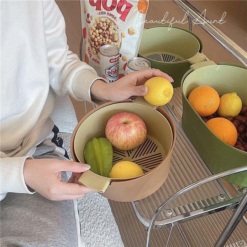 Mingyu thickened double-layer drain basket kitchen vegetable basket fruit basket bowl fruit plate vegetable basin fruit basin home living room coffee table new ins style high-looking multi-functional drain basket matcha green large size 2 pieces 4-piece set
