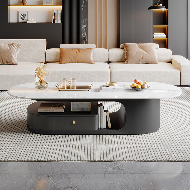 Home Italian simple style slate coffee table small apartment high-end home living room sofa oval coffee table tea table combination Snow Mountain White slate coffee table 120*60*42cm
