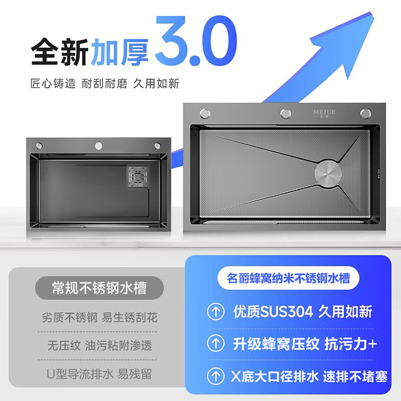 MG (MEJUE) sink large single tank kitchen wash basin handmade 304 stainless steel honeycomb embossed wash basin integrated basin Z-02408