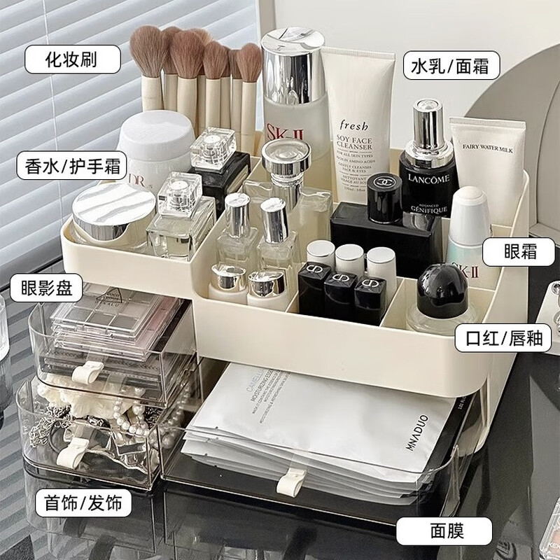 Shiguangli cosmetic storage box desktop organization dust-proof countertop skin care storage cabinet storage rack drawer large capacity cosmetic box storage box off-white 33.5*20.5*14cm