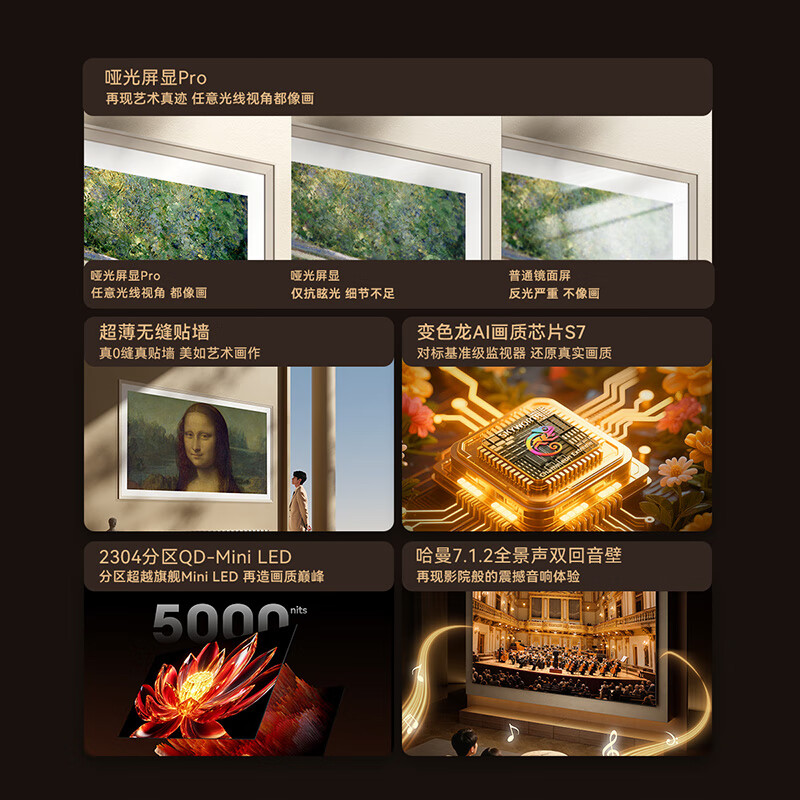 Skyworth 65-inch wallpaper TV 65A7F Pro matte screen display Quantum dot QD-miniled thousand-level partition high brightness 12 sound units Harman Acoustics 7.1.2 65 inches Door-to-door delivery + free five-star installation