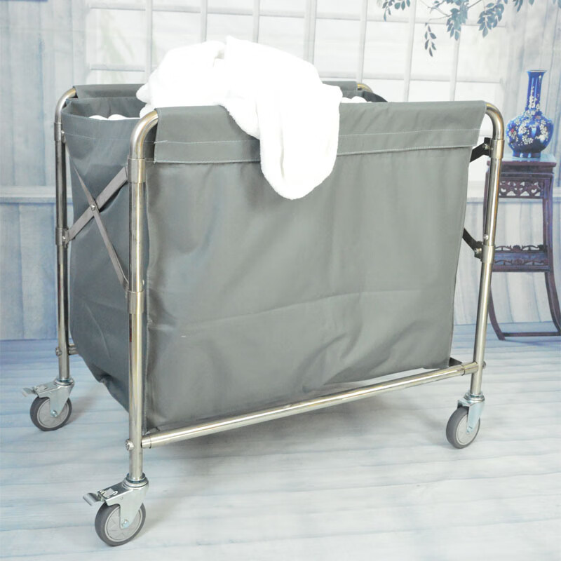 Folding linen cart, stainless steel collection trolley, cleaning room entrance cart, hotel room service cart, work cart, extra thick folding linen cart (with blue bag)