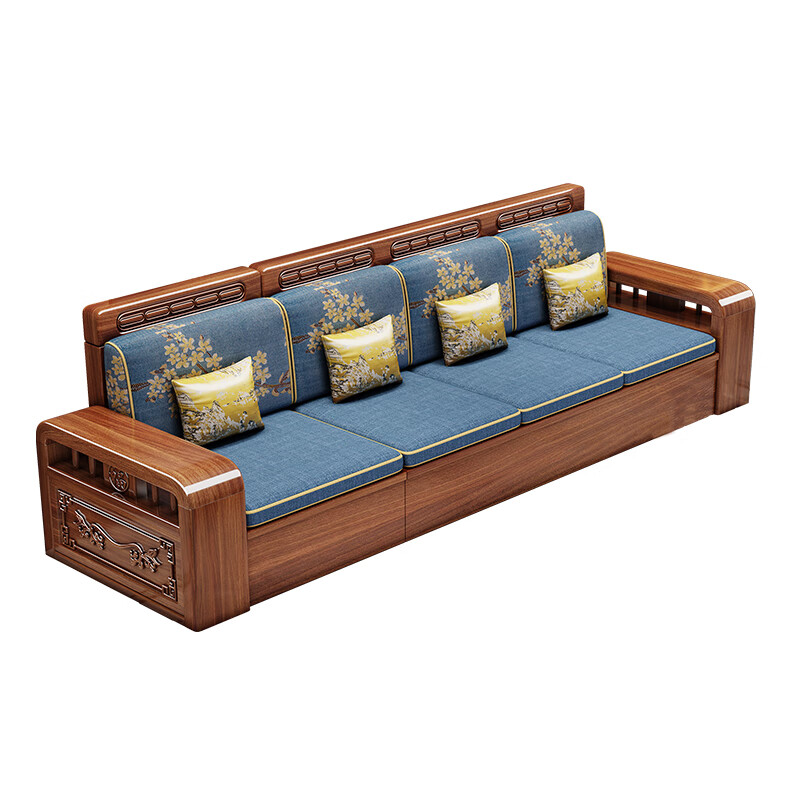 Woodisen walnut solid wood sofa living room household small apartment three-seat straight row carved storage four-seat wall furniture straight row four-seat + without coffee table