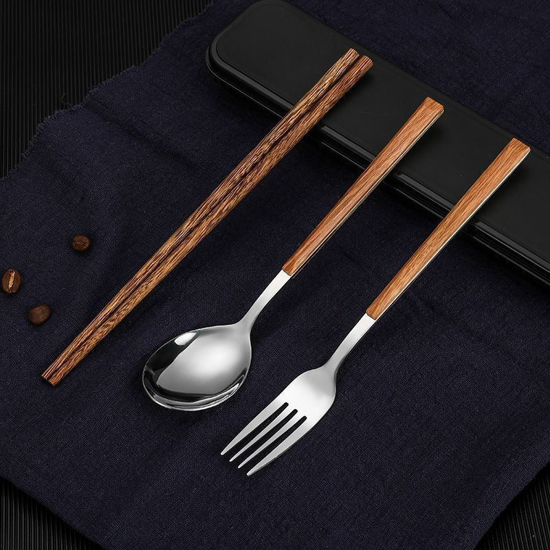 MaiYaYa portable tableware set stainless steel wooden chopsticks spoon fork three-piece set student children's tableware travel box portable tableware-silver chopsticks-fork-spoon-box