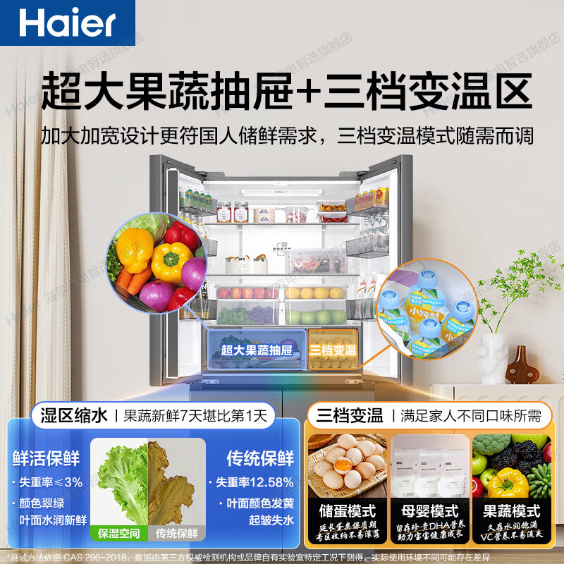 Haier refrigerator produces Dual-system dual-cycle four-door cross-door household dual-frequency conversion first-class energy-efficiency air-cooling, frost-free, ultra-thin appliances, ultra-large capacity 575 state subsidy, new product launch + global purification system + extra-large moisturizing drawer + refrigerated three-speed variable temperature