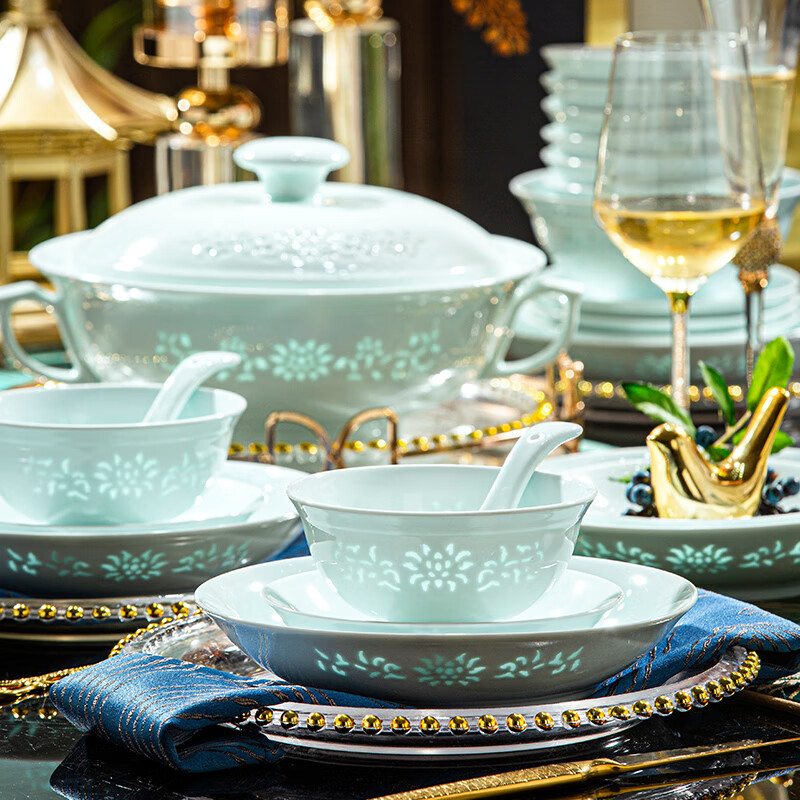 Yueyan Tingge Jingdezhen high-end underglaze color celadon exquisite bowl and dish set household tableware complete set housewarming wedding new home gift jade exquisite 68 pieces for 10 people