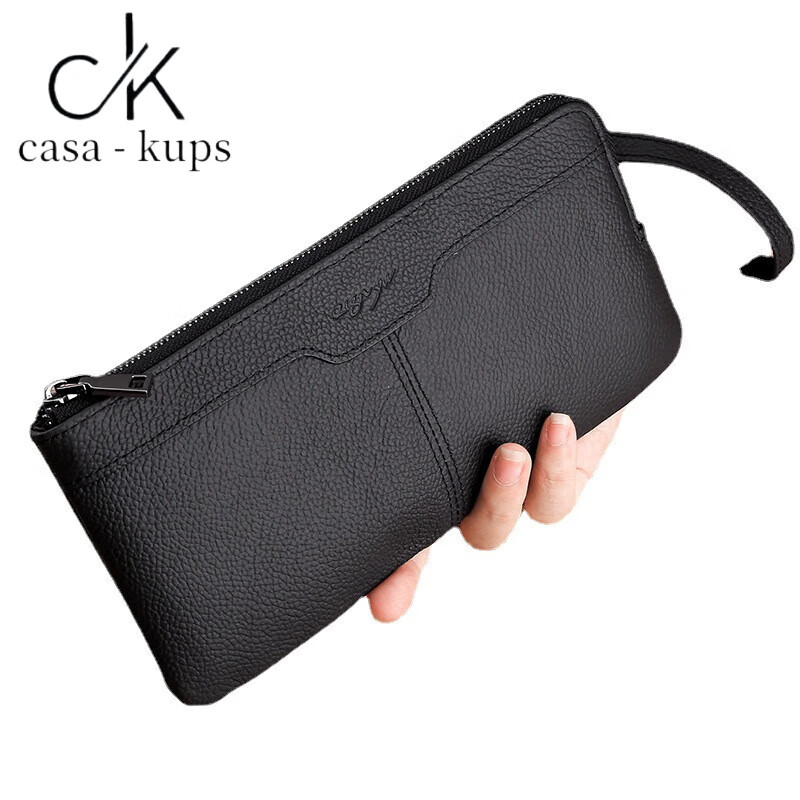 Casa-kupsCK Chinese Valentine's Day leather wallet women's long Korean style fashion men's clutch wrist coin mobile phone bag black