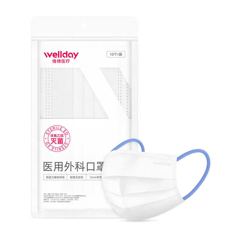 WELLDAY adult low-resistance medical surgical mask, breathable, soft seersucker, wide ear straps, warm, dustproof and sterilization grade, 30 pieces
