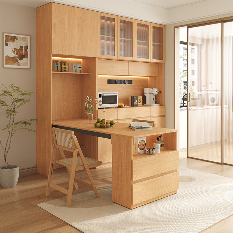 French poetry custom solid wood sideboard folding dining table integrated wall-to-top cabinet hidden oak glass bowl cabinet 1.6 long * 2.0 high (four-door sideboard) ENF maternal and child grade environmentally friendly antibacterial 18MM thickened oak