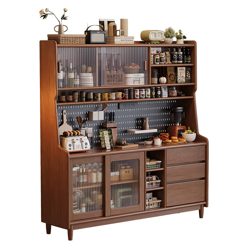 Huili solid wood sideboard home kitchen storage cabinet multi-function wine cabinet mid-century style wall-mounted integrated storage cabinet tea 1.20 meters walnut color/all solid wood multi-door