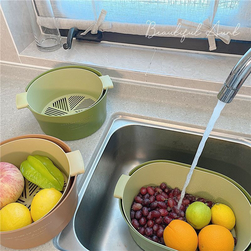 Mingyu thickened double-layer drain basket kitchen vegetable basket fruit basket bowl fruit plate vegetable basin fruit basin home living room coffee table new ins style high-looking multi-functional drain basket matcha green large size 2 pieces 4-piece set