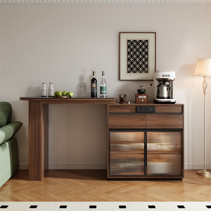 Ouyue light luxury slate solid wood retractable bar table, dining table and wine cabinet, integrated home living room, customizable sofa partition side cabinet, slate bar table + upper cabinet 1.0m + bar chairs*2