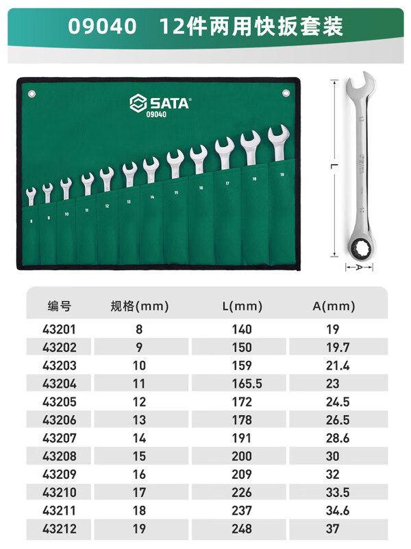 Shida Wrench Set Plum Blossom Open Wrench Dull Ratchet Plate Set Fork Wrench Complete Set 12-piece Set Dual-purpose One-way Quick Wrench-09040