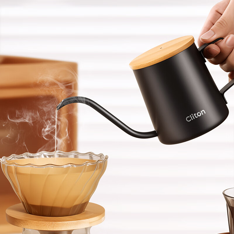 CLITON304 stainless steel hand brewed coffee pot travel office home hanging wooden handle ear coffee long mouth pot thin mouth pot with lid