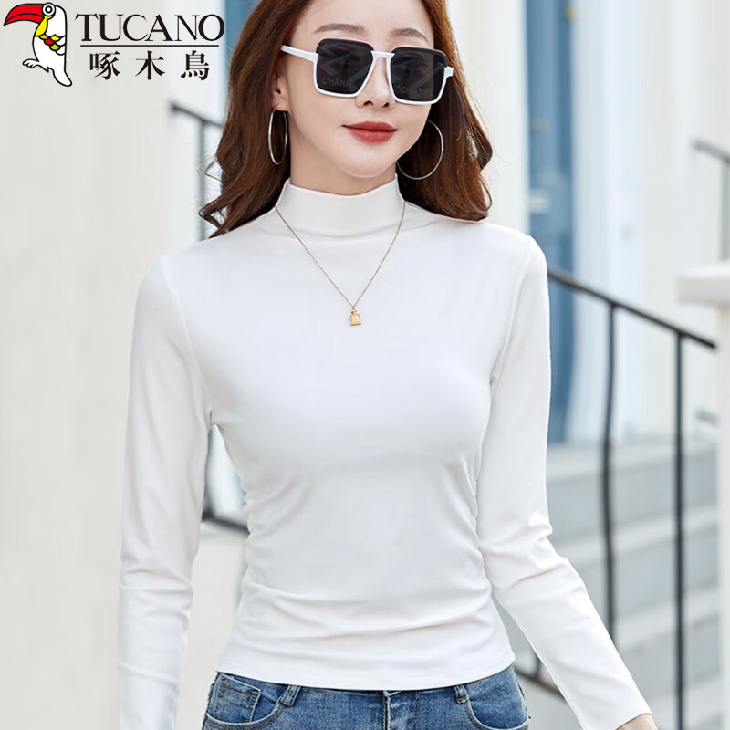 Woodpecker pure cotton long-sleeved T-shirt bottoming shirt for women spring and autumn solid color versatile half turtleneck slim inner top for women white L