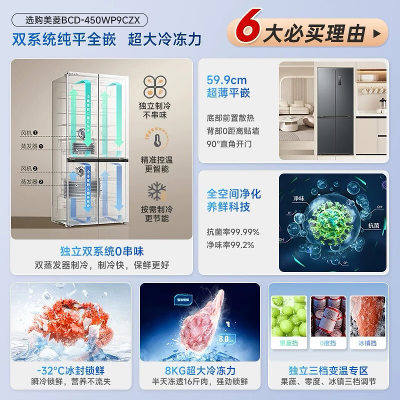 Meiling Wuyou embedded 450L cross-door refrigerator dual system dual cycle ultra-thin zero-level embedded first-class energy efficiency variable frequency air-cooled frost-free BCD-450WP9CZX national subsidy 450WP9CZX elegant gray