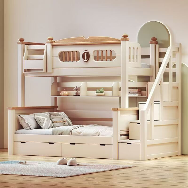 Lixubao Spot Sparkling Cherry Wood Children's Bed All Solid Wood Upper and Lower Bunks Double-layer Bunk Bed High and Low Bed Ladder Style + Double Drawer + Mattress*2 1600mmx2000mm