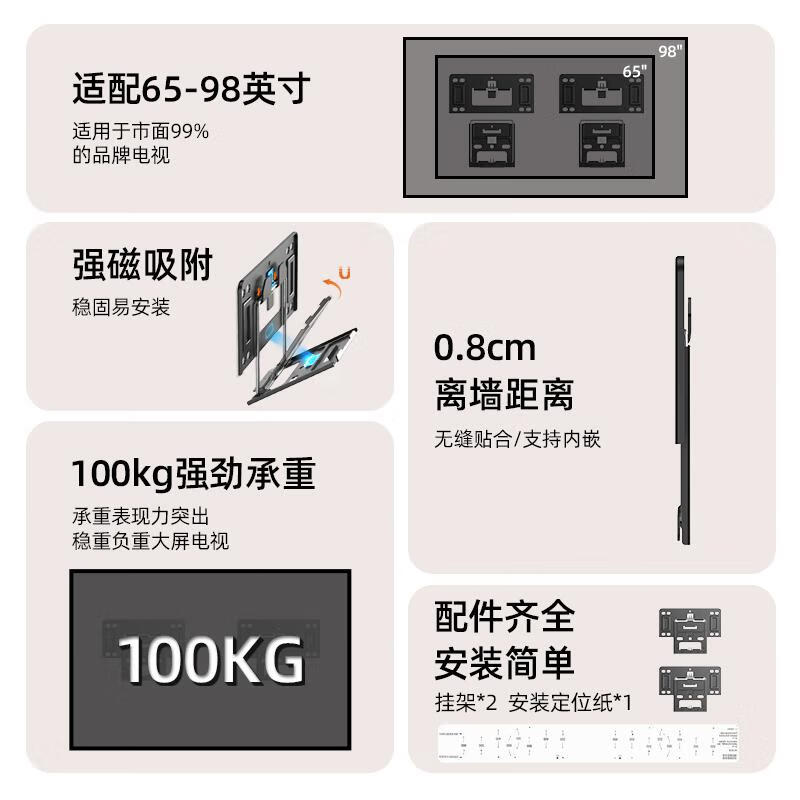 Double small ultra-thin TV stand magnetic wallpaper hanger suitable for Xiaomi Sony Hisense Skyworth 65 75 85 inches ultra-thin wall distance 65-98 inches