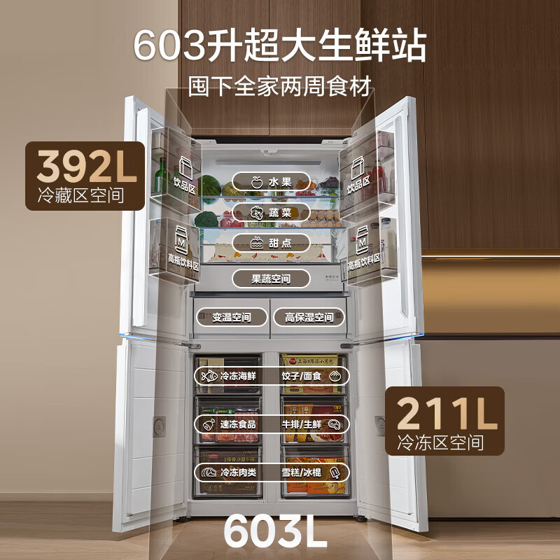 Midea Xiong Dundun series 603 flat-screen fully embedded cross-folding four-door double system ultra-clean sterilization first-level frost-free household refrigerator BCD-603WUSPZM(E) 60cm flat-embedded | dual system | 603 liters | ultra-clean fresh food