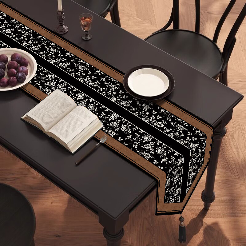 Pure mid-century style dining table and table flag, light luxury, high-end long tea mat, tea table cushion, sideboard, thickened tablecloth, coffee table and tea flag, Huafuluoye 30*140cm cotton and linen + round bead tassel black