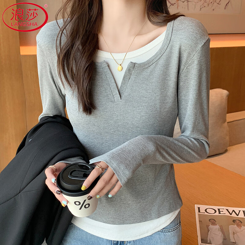 Langsha fake two-piece v-neck bottoming shirt for women autumn 2025 new design niche slim right shoulder inner T-shirt top