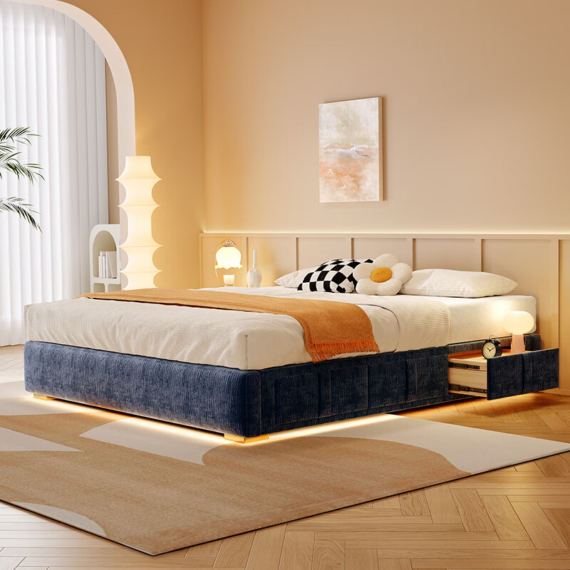 Winter Bear French Cream No Bedside Bed Backless Chenille Fabric Sliding Storage Box Storage Drawer Bed No Lamp/Chenille Velvet/Beech Wood Rib Frame 1800mm*2000mm Sliding Structure