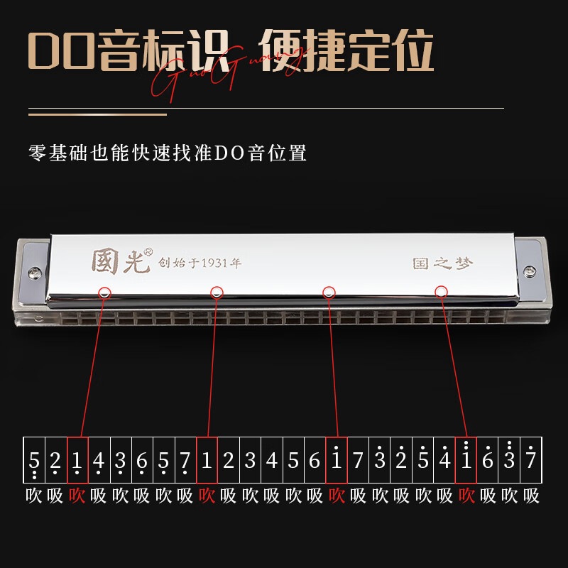 Guoguang 24-hole Guozhimeng competition-grade advanced polyphonic C-key streamer silver harmonica (transparent fret, with teaching materials)