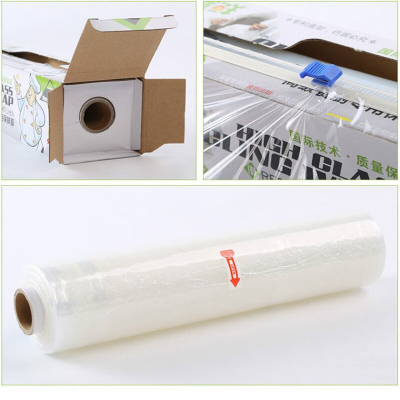 Baoxian Disposable Kitchen Food Grade Large Roll Household Commercial High Temperature Resistant Microwaveable PE Cling Film with Scribe Knife 35cm*400m Sliding Knife for Fish Plate
