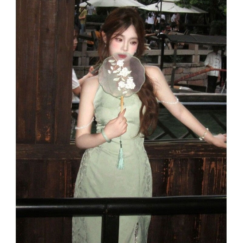 Zhenxiqi new Chinese style national style cool feeling green improved cheongsam sexy style thousands of beautiful halterneck dress women summer turquoise L