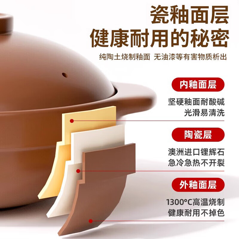 Casserole household clay pot rice casserole gas stove special high temperature resistant ceramic tile clay pot dry-cooked stew pot soup pot 2.8L - with lid, suitable for 5-6 people 2.8L