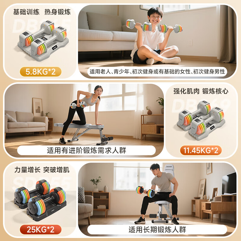 HEAD Rainbow Dumbbell Quick Adjustment Quick Release Dumbbell Men's Pure Steel Home Fitness Equipment 25kg