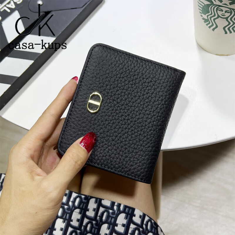 Casa-kups genuine leather wallet women's short new niche design driver's license card holder all-in-one coin purse women's wallet black