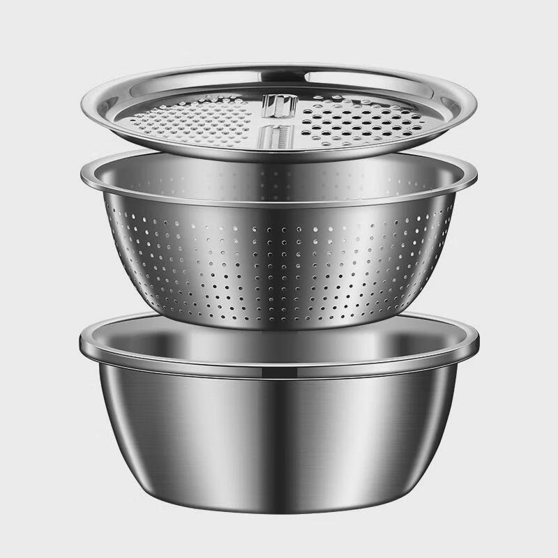 He Jiagong stainless steel basin set kitchen household thickened egg and noodles washing vegetable drain basket leaking soup basin 2 30 planing plate + thick basin