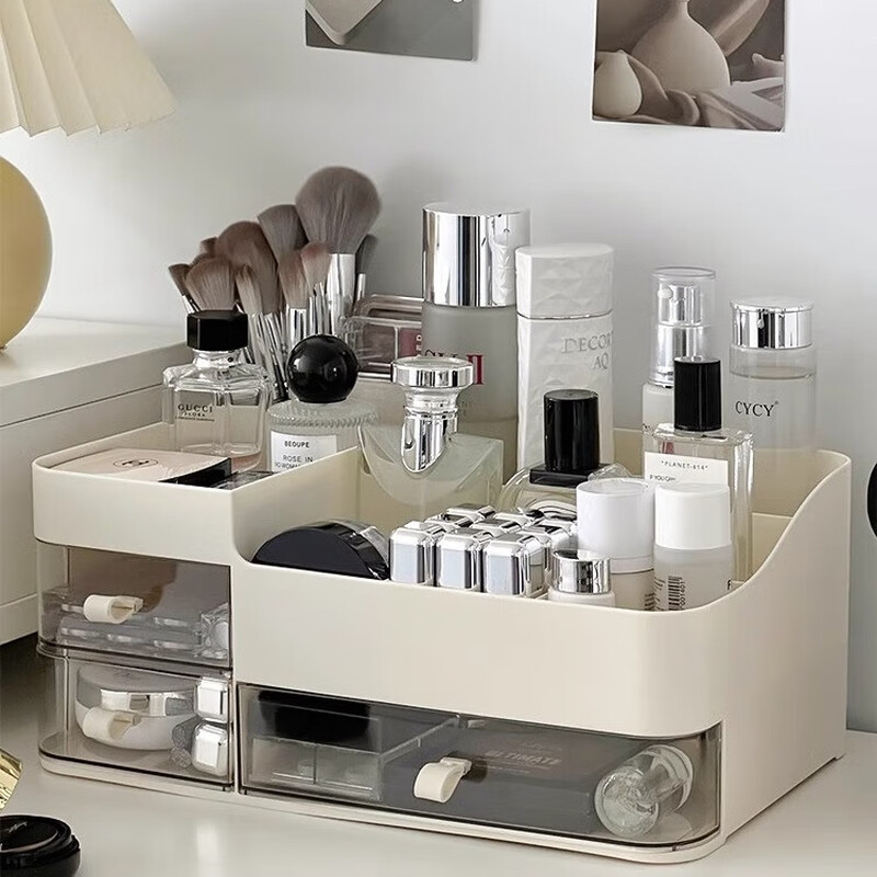 Shiguangli cosmetic storage box desktop organization dust-proof countertop skin care storage cabinet storage rack drawer large capacity cosmetic box storage box off-white 33.5*20.5*14cm