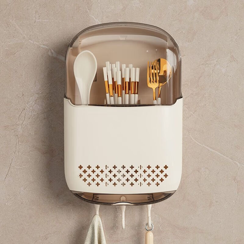 YOUQIN Chopstick Storage Box Kitchen Storage Countertop Spoon Cutlery Container Drain Storage Rack Chopstick Cage Chopstick Basket Chopstick Container Upgraded Model/With 3 Hooks-Milk White