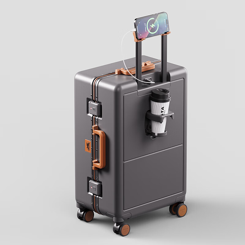 Reebok aluminum frame PC suitcase trolley case multi-functional boarding case travel code box British gray brown 20 inches