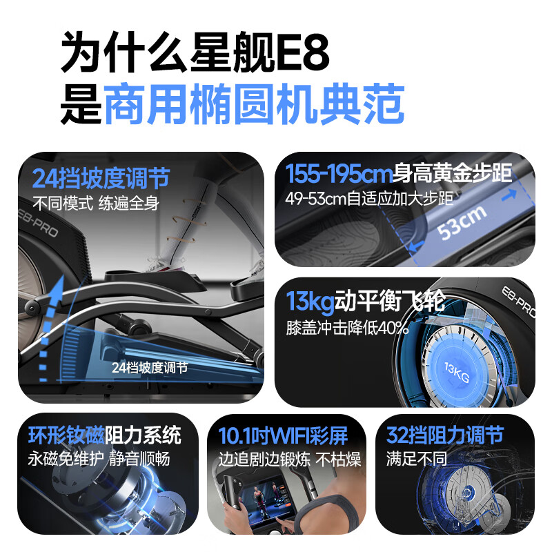 YPOO smart elliptical machine, home space walking elliptical machine, mountaineering machine, commercial fitness equipment E8-PRO color screen model - 24-speed electric slope/commercial large stride