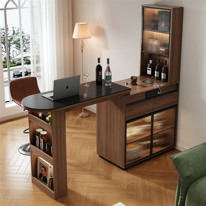 Ouyue light luxury slate solid wood retractable bar table, dining table and wine cabinet, integrated home living room, customizable sofa partition side cabinet, slate bar table + upper cabinet 1.0m + bar chairs*2