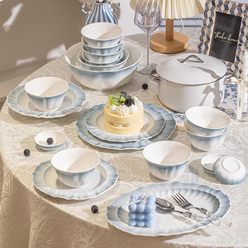 Qishu Bowl Set 2025 New Household Tableware High-Looking Housewarming Gift Ceramic Bowl Plate Tableware Set 4 People Food and Soup Bowl Gift Box 18-piece Set