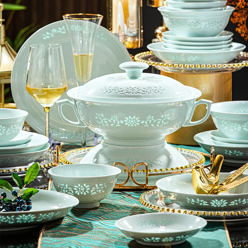 Yueyan Tingge Jingdezhen high-end underglaze color celadon exquisite bowl and dish set household tableware complete set housewarming wedding new home gift jade exquisite 68 pieces for 10 people